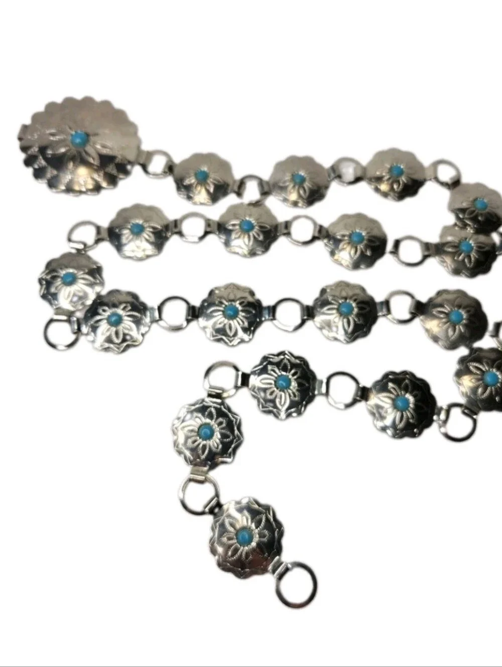 Vintage Southwestern Concho Belt Silver Tone Turquoise Accents 34”